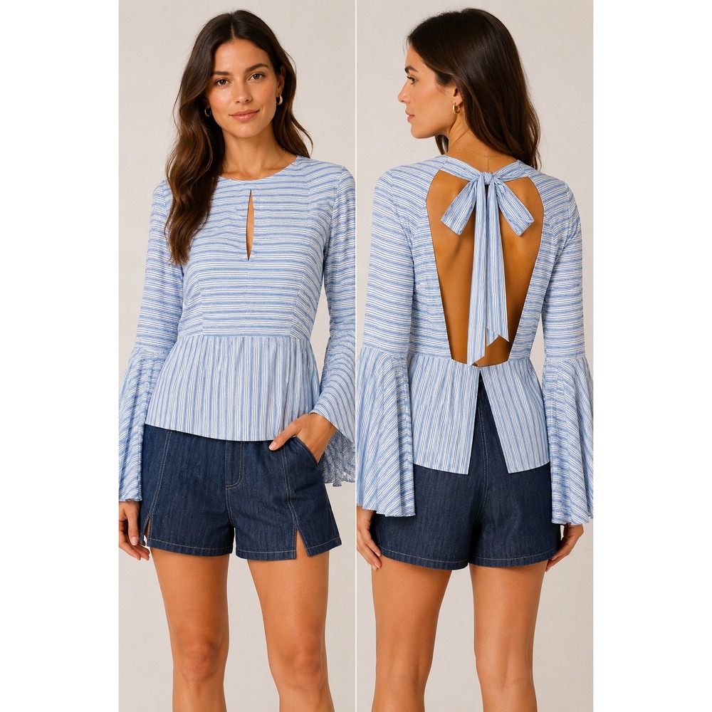 Milly Blue White Striped Peplum Top Dramatic Bell Sleeve‎ Tie Back Size 2 USA